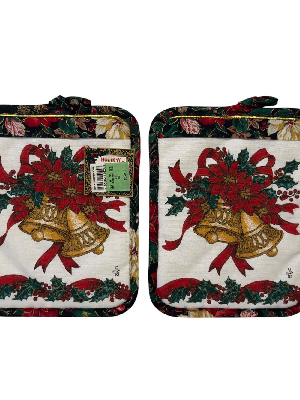 Holiday Gold Bell Floral Pot Holders - Red, Green & Gold